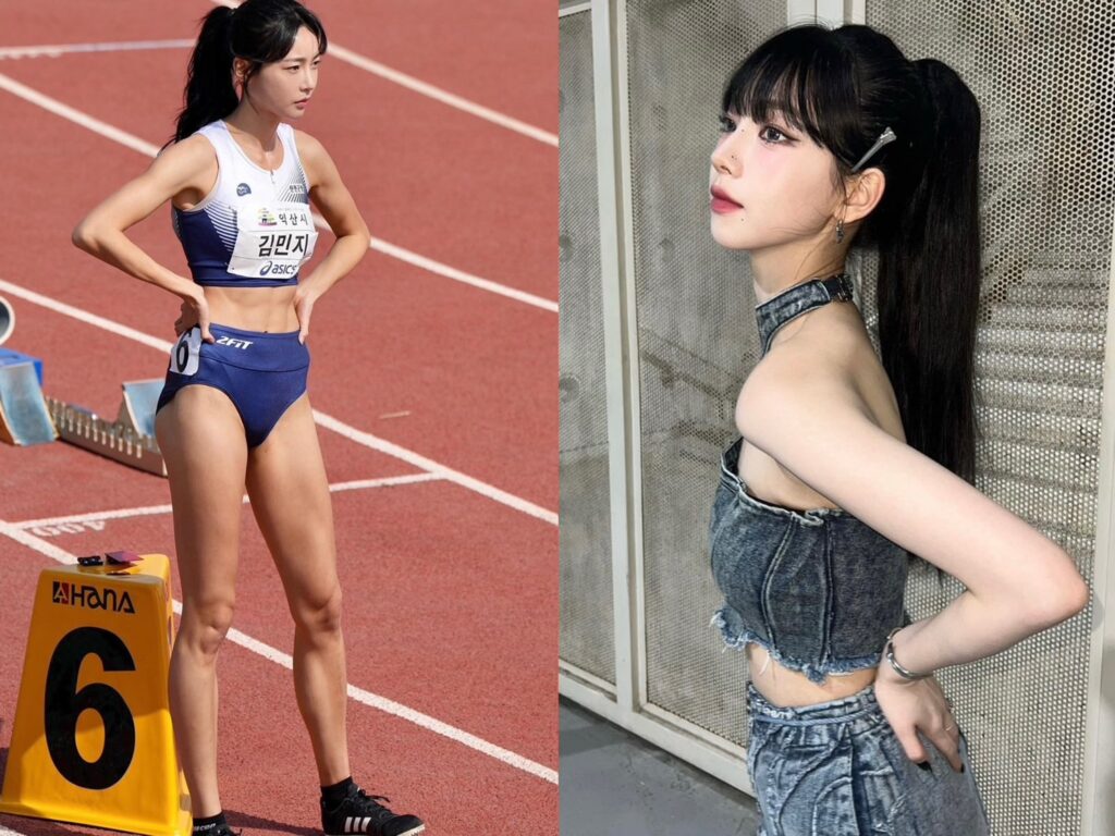 南韓田徑短跑選手金敏智，外型神似aespa的成員Karina。（圖 / 翻攝自Karina IG  ＠karina__aespa（右）金敏智 IG（左）＠arb0r_day）
