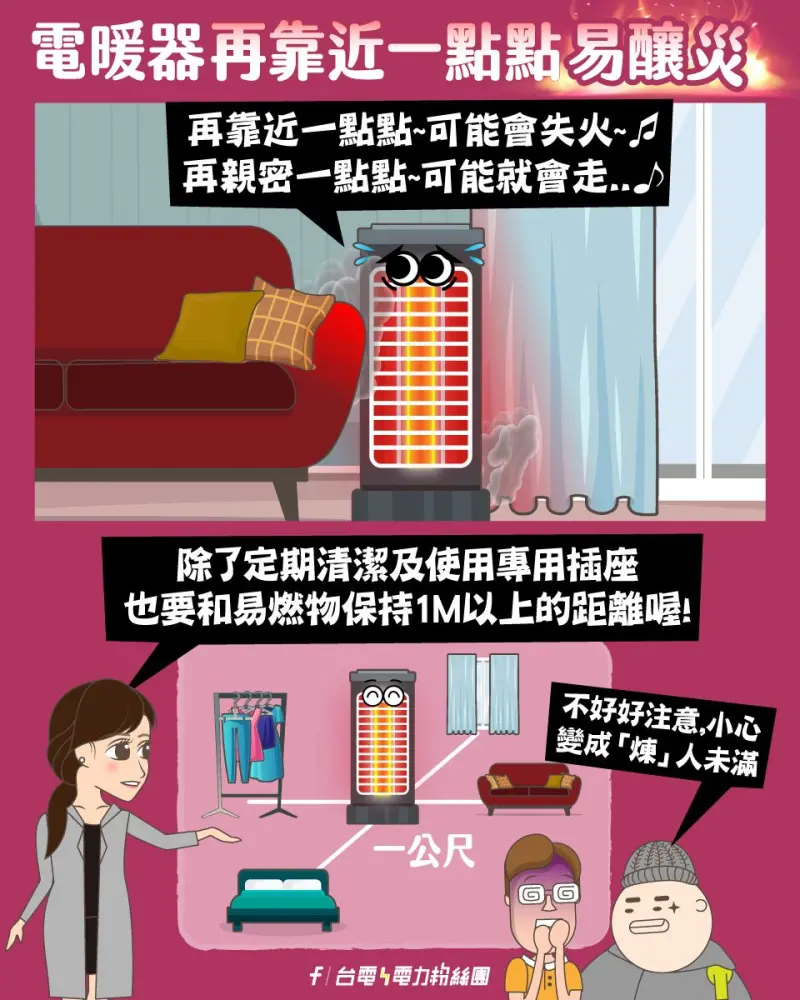 ▲台電特別提醒「很多人常會將電暖器放床邊」，其實是錯的，易燃物都需要與電暖器保持1公尺以上的安全距離。（圖／取自台電電力粉絲團）