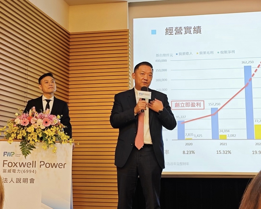 圖/富威電力（6994）是台灣電業自由化後，首批獲得民間售電執照的售電公司中第一家掛牌，極具指標意義。(右)富威電力董事長胡惠森及(左)總經理郝遐鵬(照片提供/森崴能源)