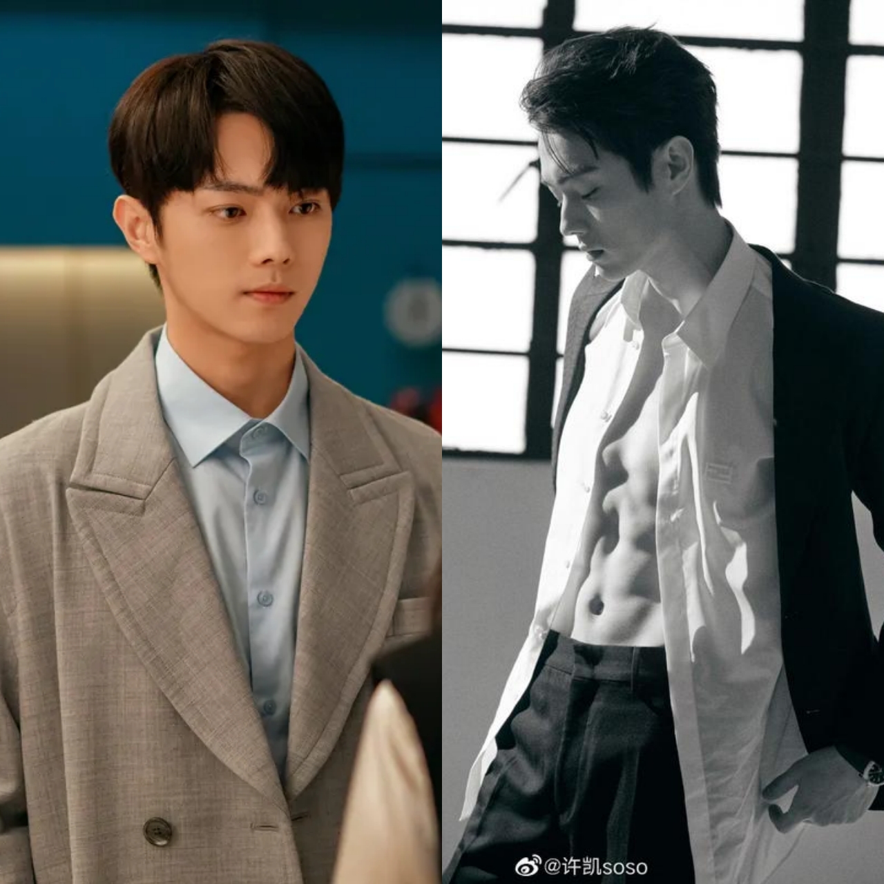 穿衣顯瘦、脫衣有肉「陸劇90後男星」許凱。（圖片來源：Weibo）