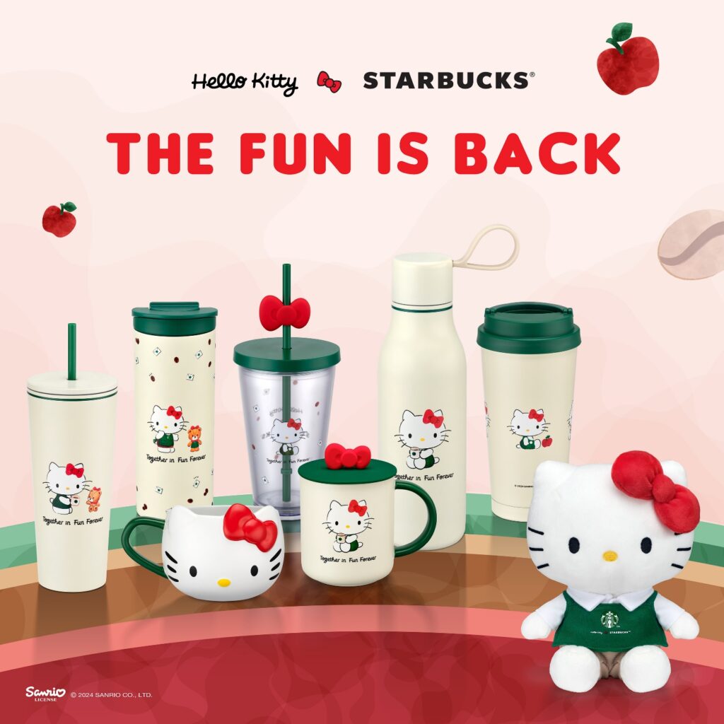星巴克STARBUCKS X Hello Kitty聯名商品強勢回歸,包括熱賣杯款和穿著星巴克綠色圍裙Hello Kitty,並同步推出四款超萌的杯緣子盲盒收藏品。(圖:星巴克)