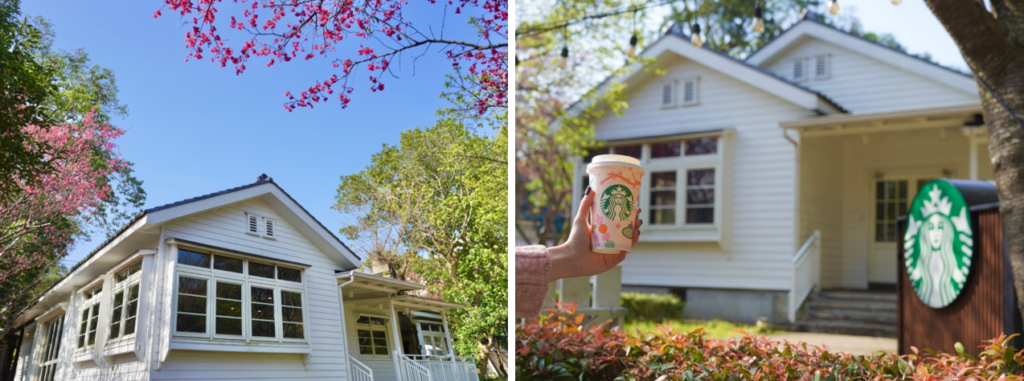 星巴克位於陽明山上的草山門市,戶外區櫻花紛紛盛開,在美式風格的白色木造建築門市與戶外綠茵草地的襯托下,構成一幅閒適的春日美景。(圖:星巴克)
