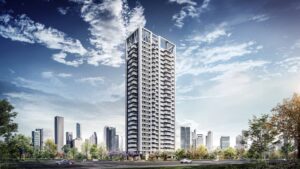 圖為「白隅」外觀3D示意圖。「白隅」規劃24至42坪、2至3房，為地上26層、地下4層超高大樓，基地正對楠梓科學園區北側入口。(圖/現場提供)