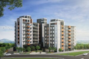 圖為「慶升森」外觀3D示意圖。在地深耕逾20年的慶賀建築與慶升建設，選址楊梅金溪特區門戶推出「慶升森」，規劃3棟地上7層住宅，85戶純住社區，戶戶邊間設計，強調採光通風，產品涵蓋25至47坪、2至4房。(圖/現場提供)