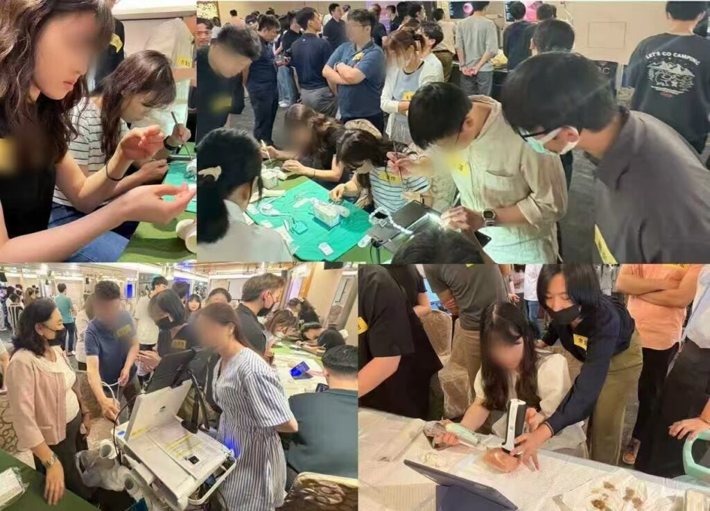 本次活動師資涵蓋北榮外科部所有次專科，確保學員獲得全方位指導。外科部學長姐帶領醫學生與年輕醫師實際演練縫合與臨床設備技術，並從旁說明指導，現場互動熱烈。