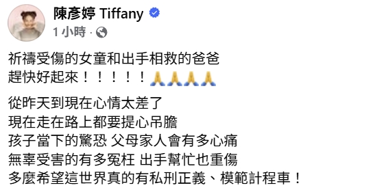 陳彥婷悲痛發文。（圖片來源：臉書 陳彥婷 Tiffany）