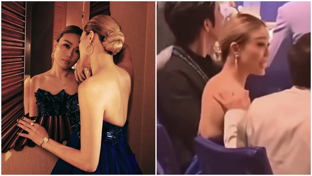 容祖兒被成龍摸背的畫面曝光。（圖片來源：微博）