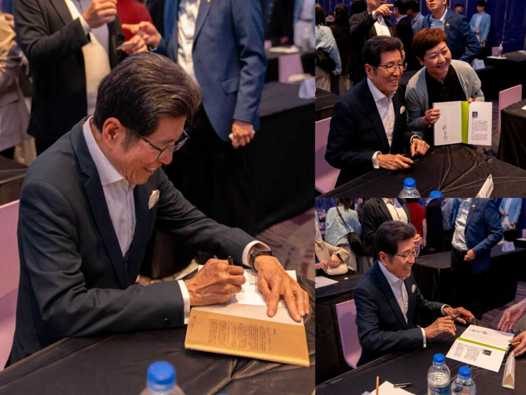 演講結束後，嚴長壽親自為與會者簽書並合影留念，展現其長年累積的影響力。（圖／晨悅健檢）