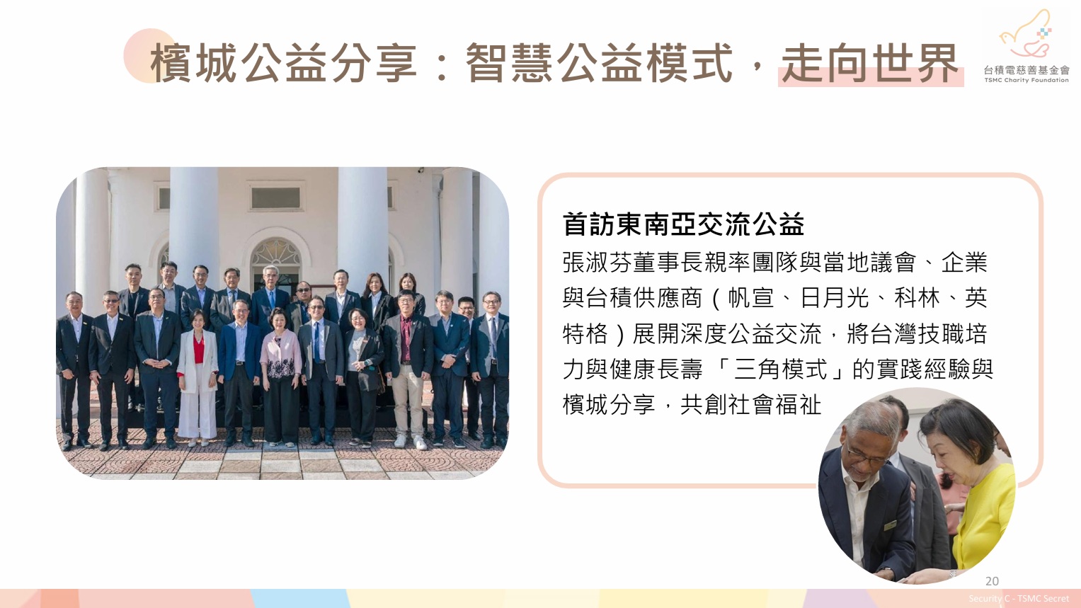 圖/台積電慈善基金會近年積極整合「企業、醫療/學校、社區」三方資源，建構「健康長壽三角策略」。(台積電慈善基金會 提供)