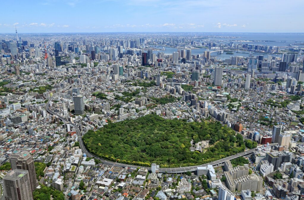從空中俯瞰的自然教育園全景。周圍被都市建築環繞，仍清晰可見的大片完整綠地，彷彿一片都市綠洲。（圖／國立科學博物館附屬自然教育園）